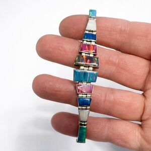 950 Sterling Silver Lab Created Fire Opal Bracelet Made in Mexico Signed “L”